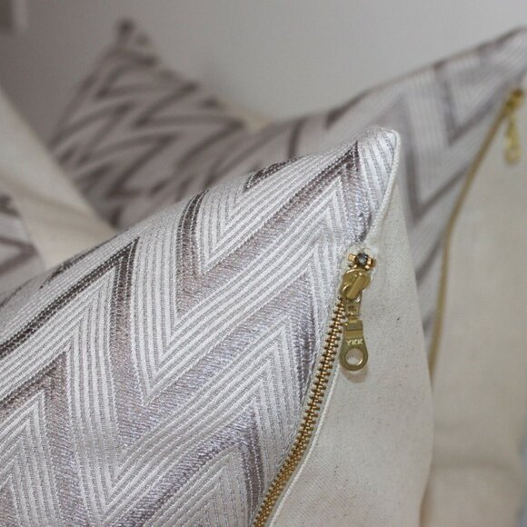 Decorative Zig Zag Pillow Cover, 2pc Grey Printed Cover w/ Brass Metal Zipper - Picture 3 of 6